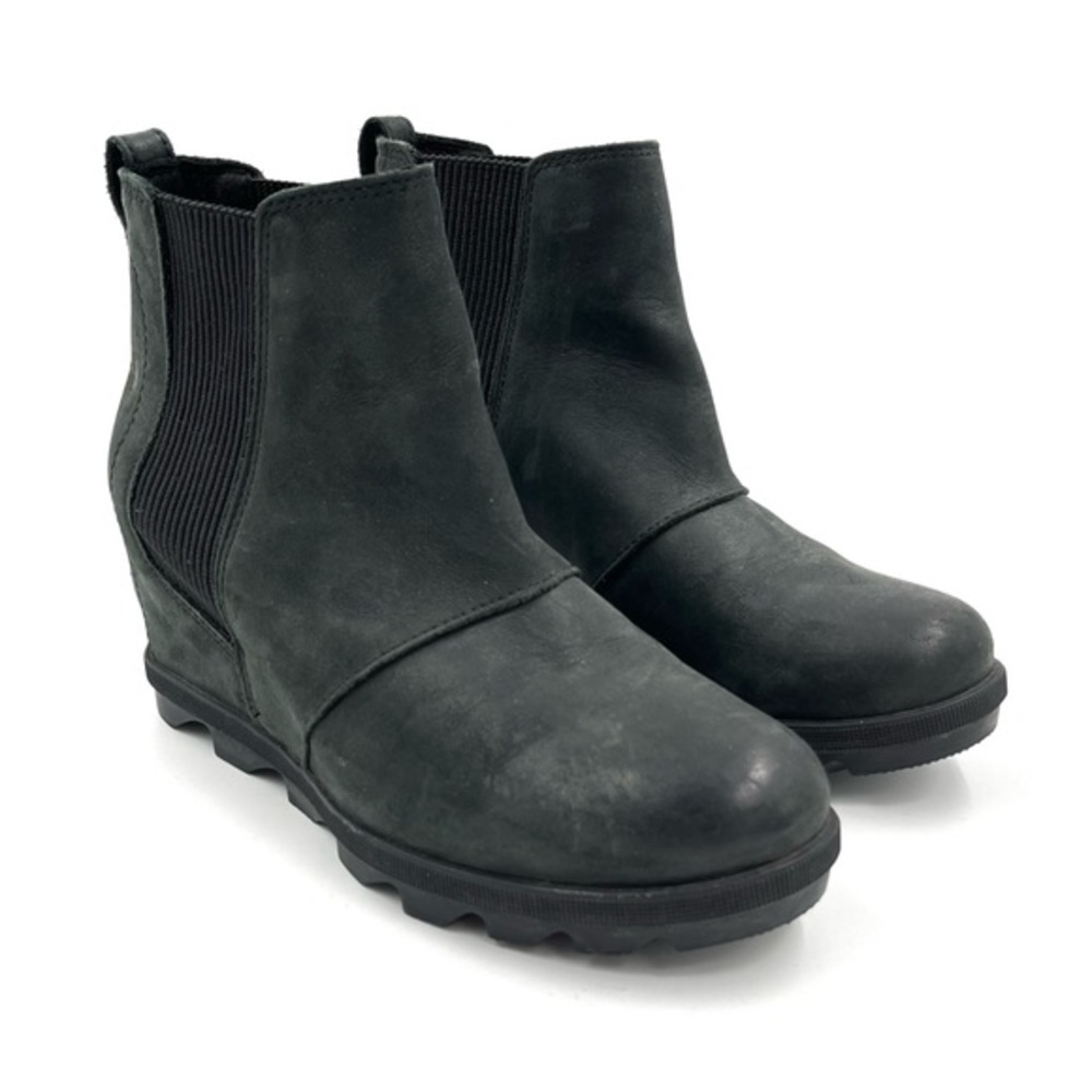 Sorel Lea Joan of Arctic Black Leather Wedge Ankle Booties Boots Size 8